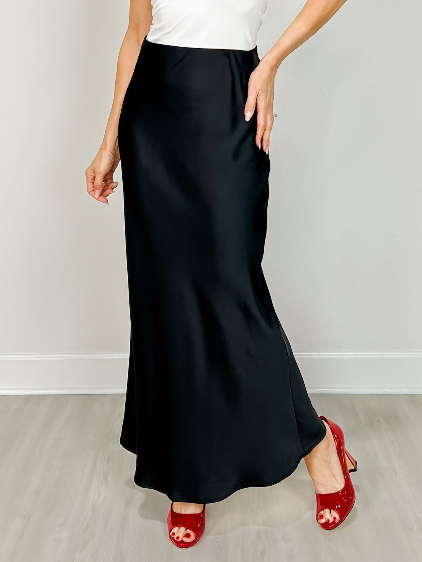 Bias Satin Midi Skirt with Elastic Waist