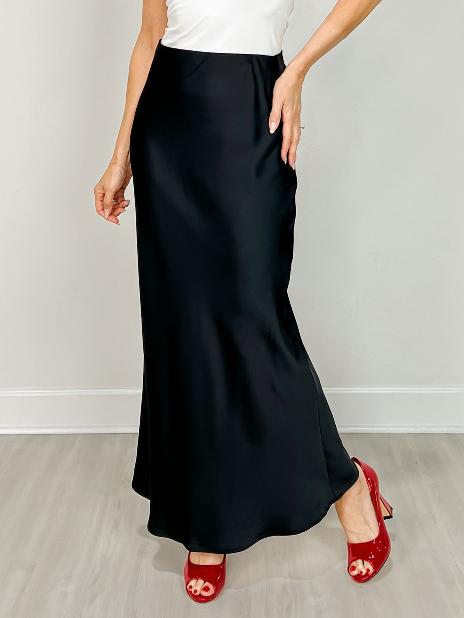 Bias Satin Midi Skirt with Elastic Waist