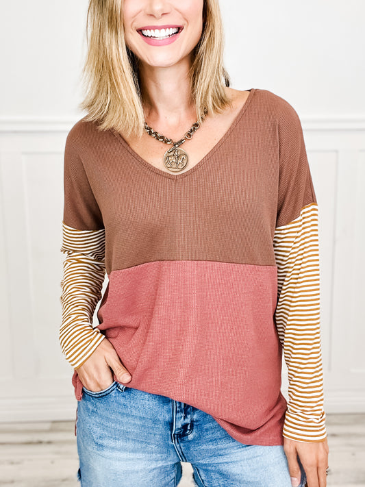 Two Tone Color Block Sweater Top with Striped Sleeves