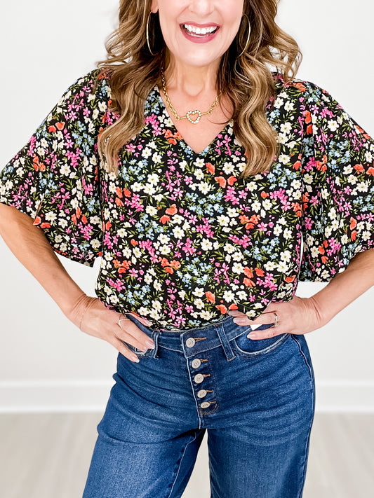 Floral Print Flared Half Sleeve Top with V-Neckline