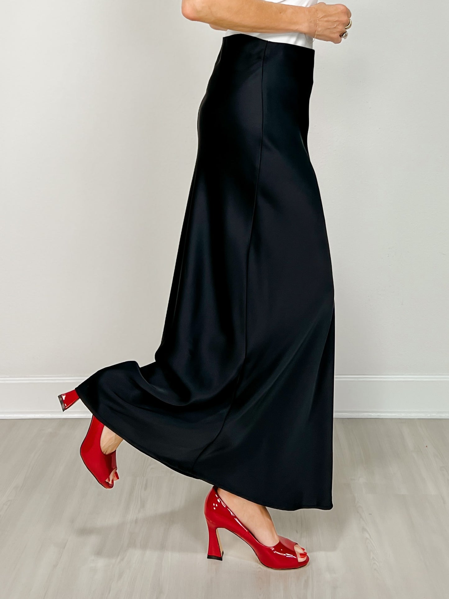 Bias Satin Midi Skirt with Elastic Waist