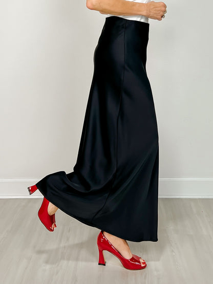 Bias Satin Midi Skirt with Elastic Waist