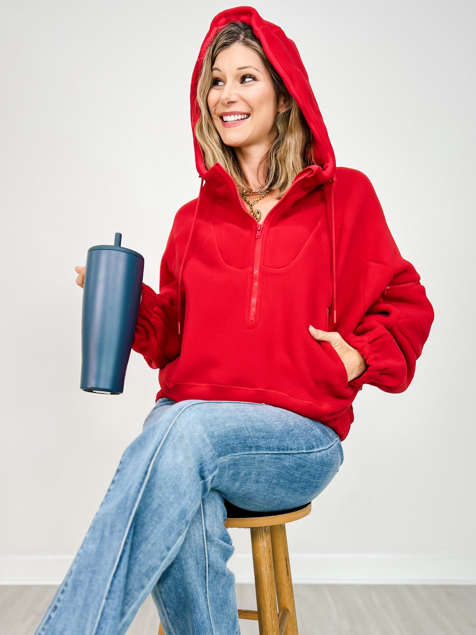 Long Sleeve 3/4 Zip Fleece Hooded Jacket