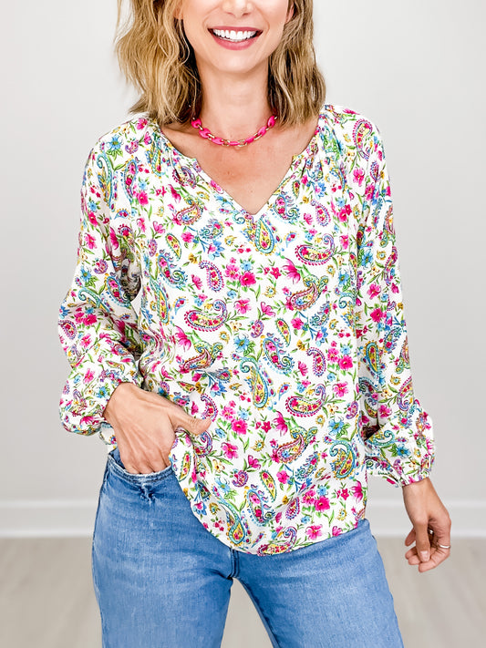 Flowy Fit Bubble Sleeve Split Neckline Top