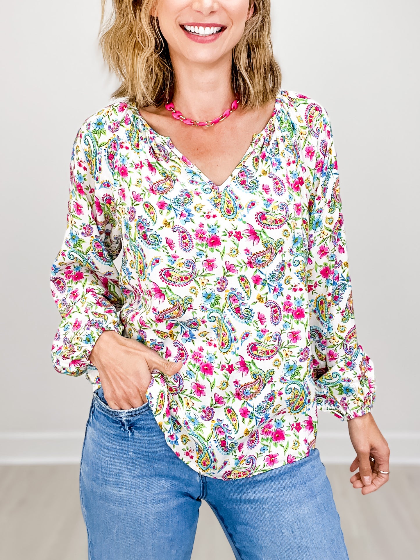 Flowy Fit Bubble Sleeve Split Neckline Top