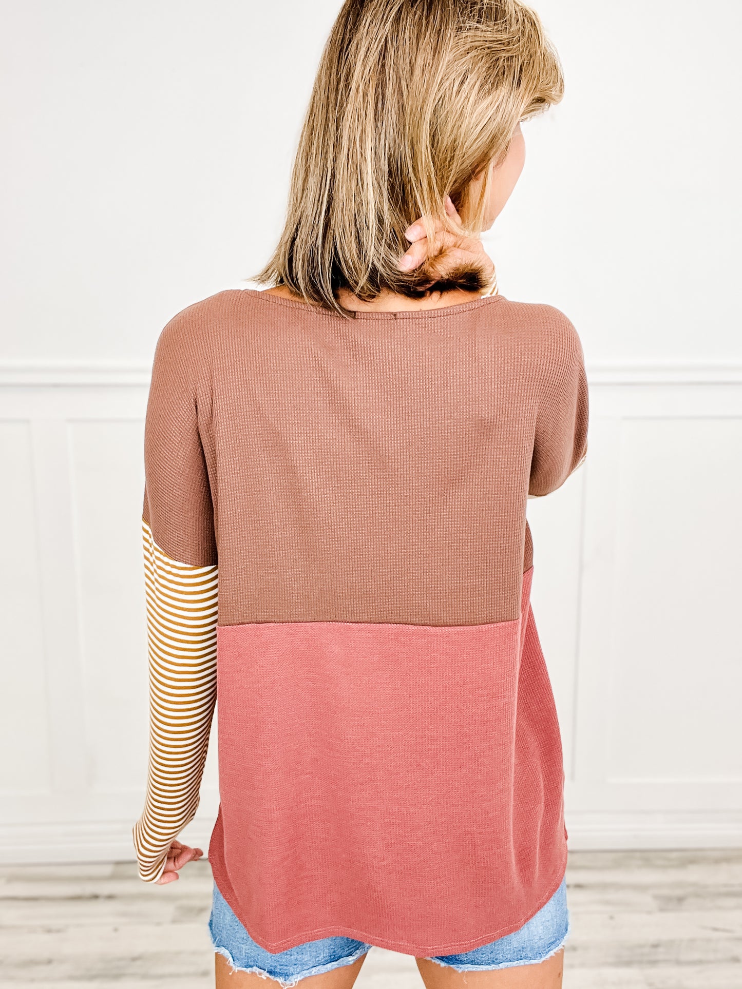 Two Tone Color Block Sweater Top with Striped Sleeves