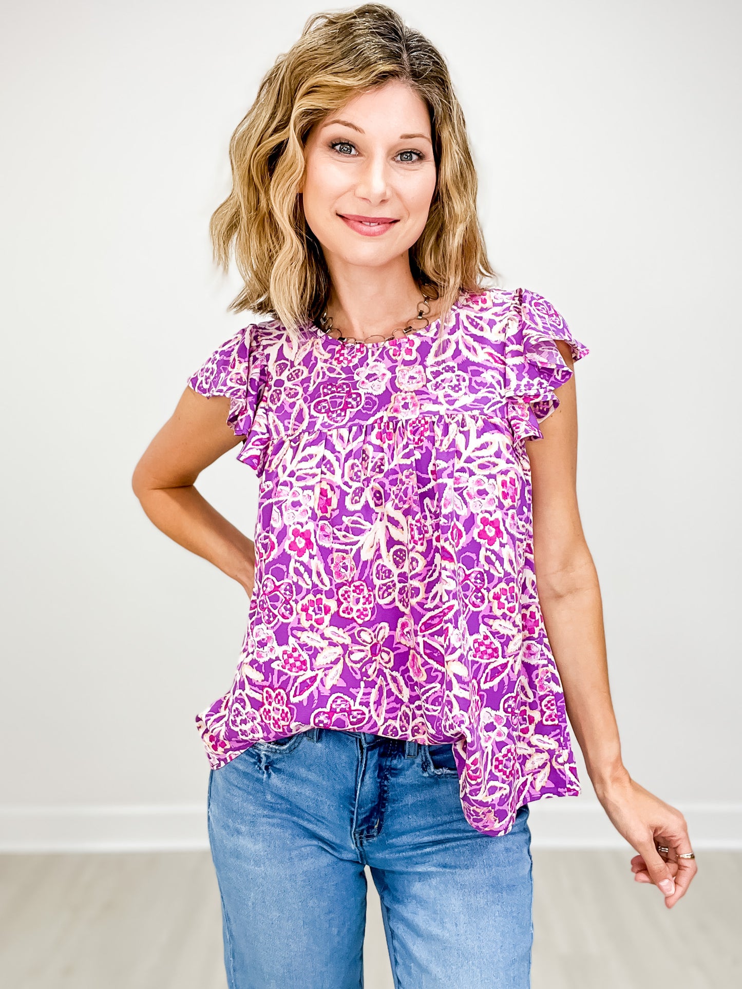 Flutter Sleeve Top with Pleated Bodice