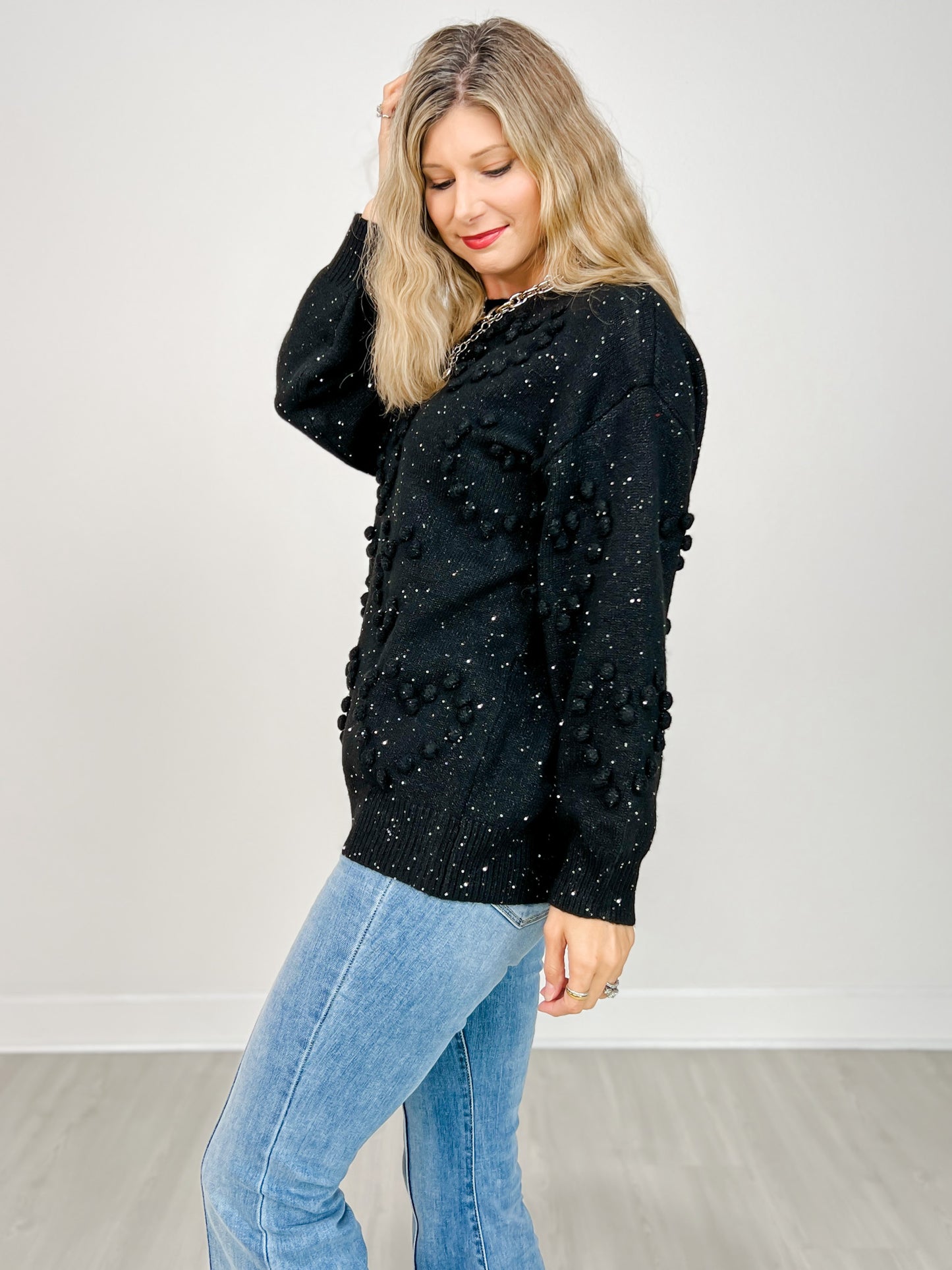 Long Sleeve Knit Sweater with Heart Pattern Metallic Details