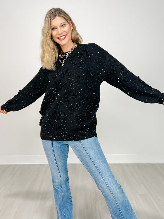 Long Sleeve Knit Sweater with Heart Pattern Metallic Details