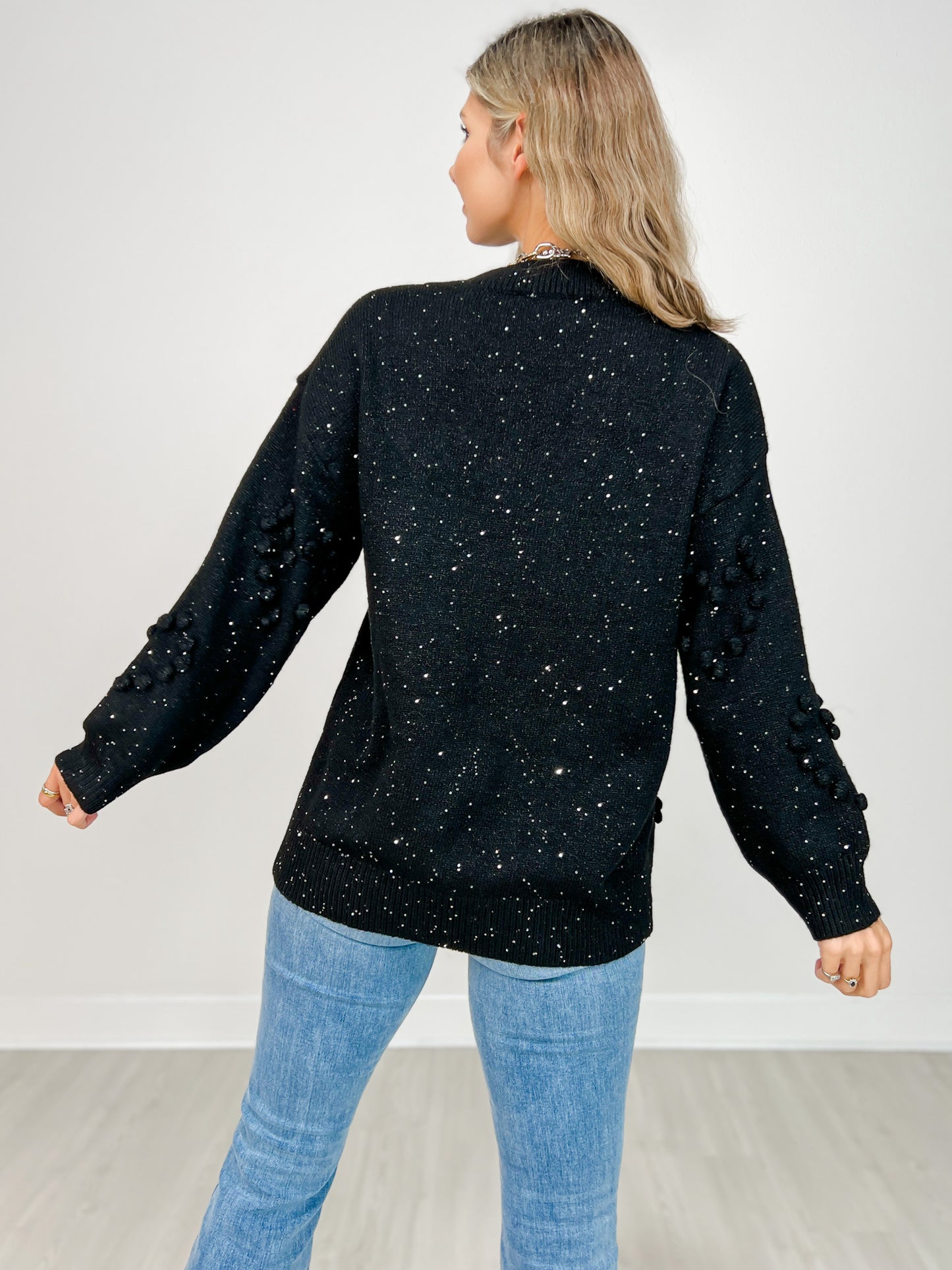 Long Sleeve Knit Sweater with Heart Pattern Metallic Details