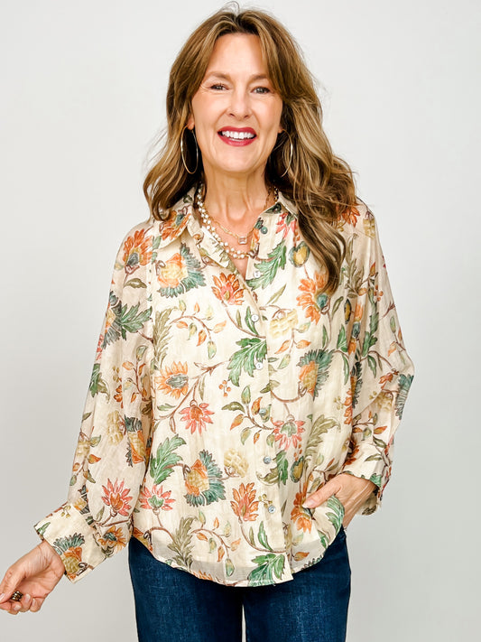 Floral Print Long Sleeve Button Down Drop Shoulder Top