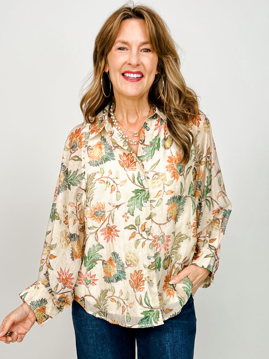 Floral Print Long Sleeve Button Down Drop Shoulder Top