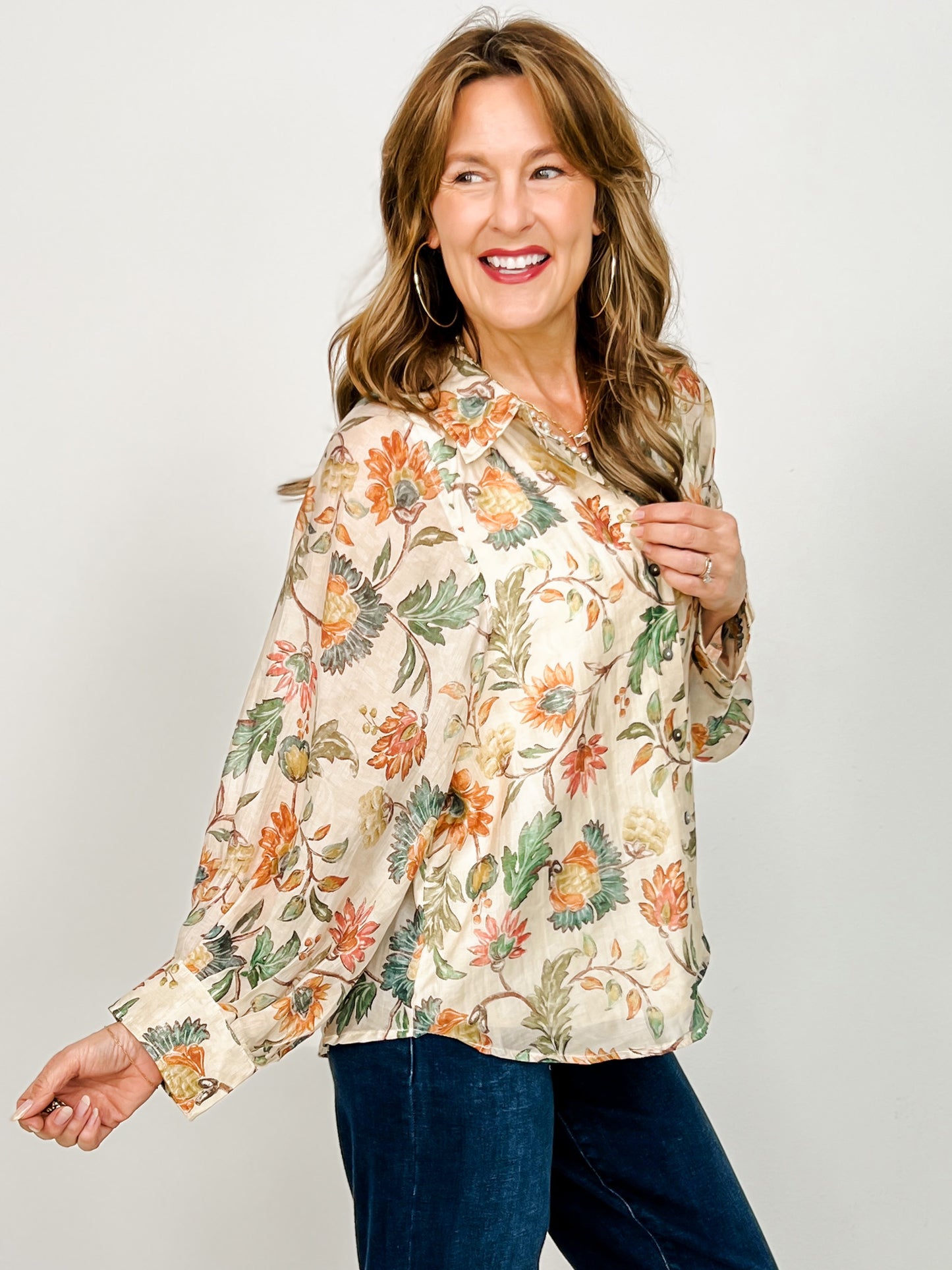 Floral Print Long Sleeve Button Down Drop Shoulder Top