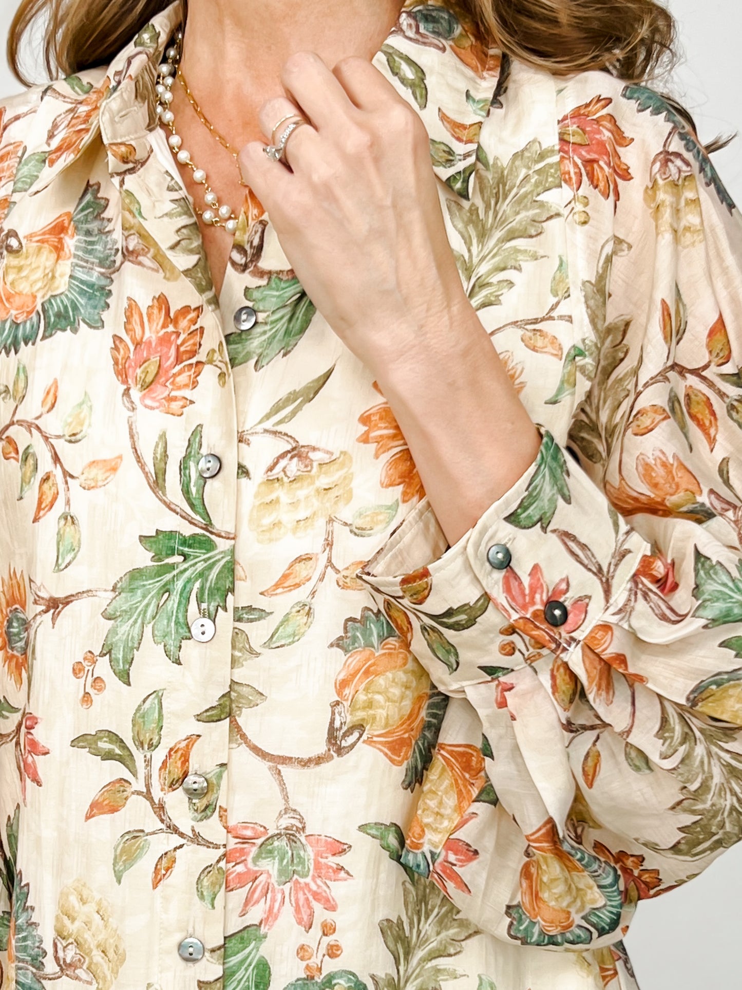 Floral Print Long Sleeve Button Down Drop Shoulder Top