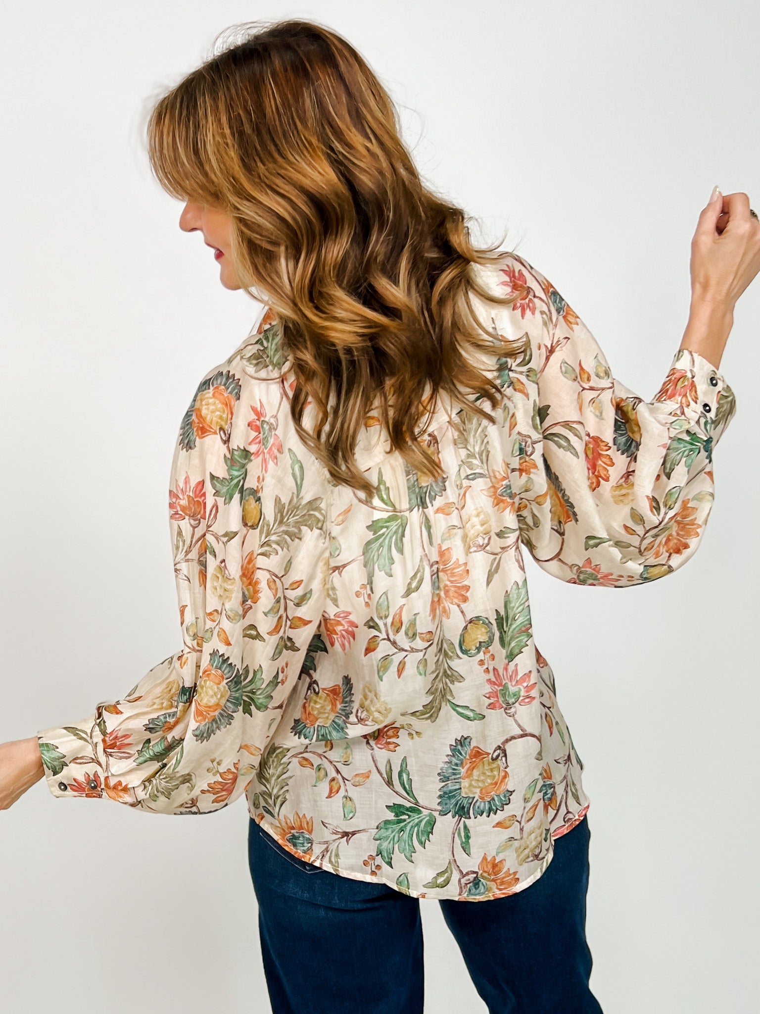 Floral Print Long Sleeve Button Down Drop Shoulder Top
