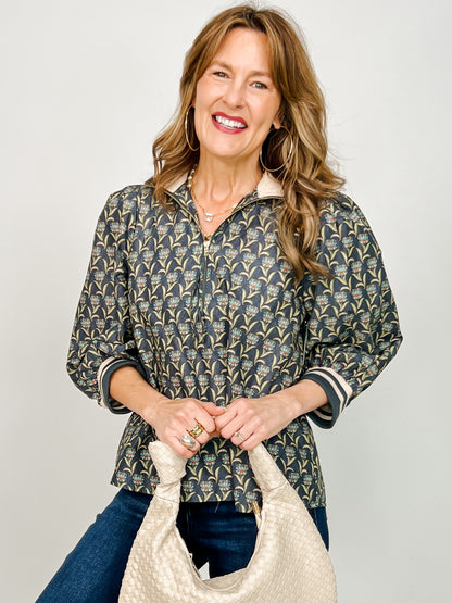 3/4 Sleeve Top with Zipper Neckline with Sporty Cuffs and Collar