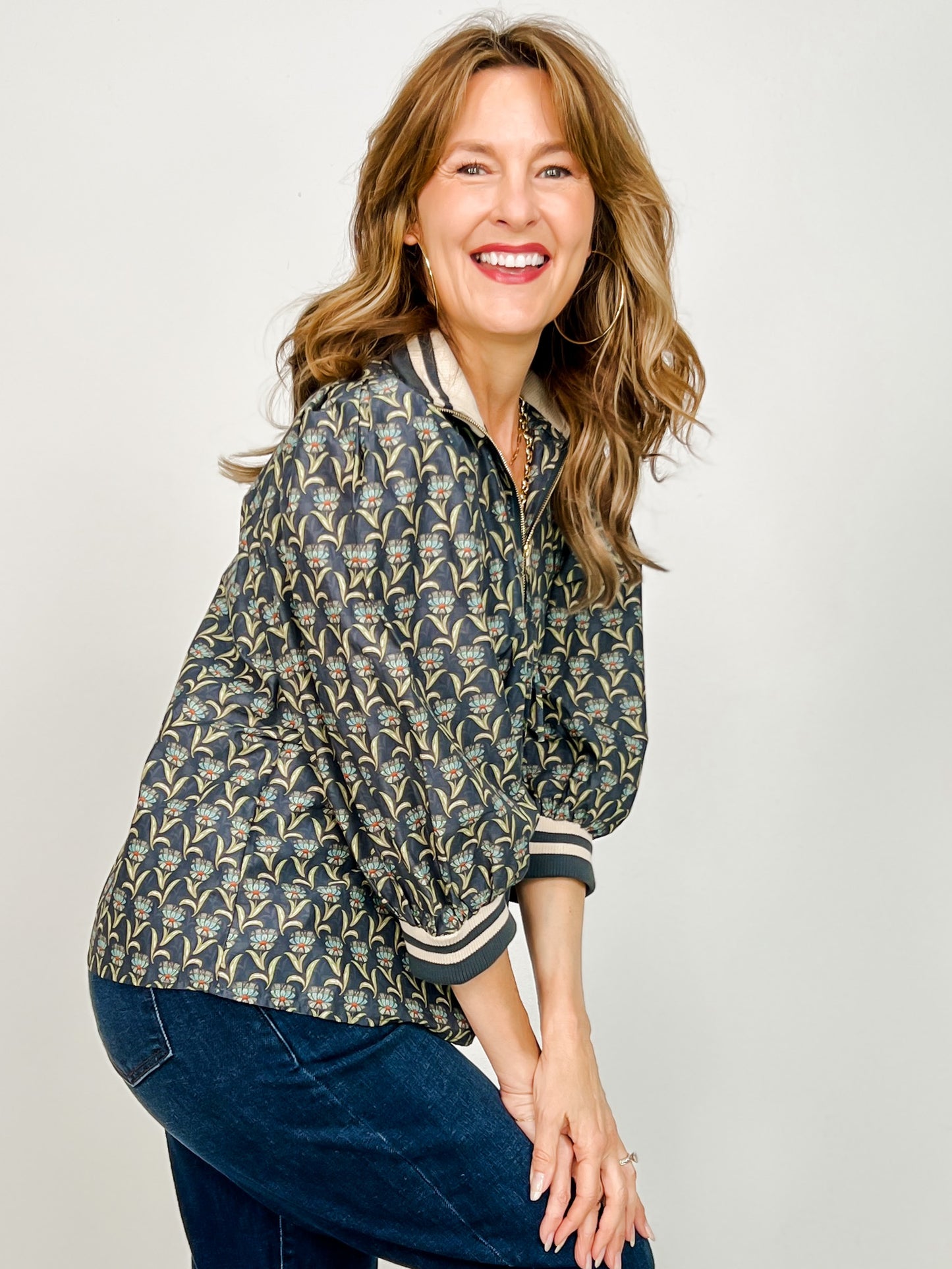 3/4 Sleeve Top with Zipper Neckline with Sporty Cuffs and Collar