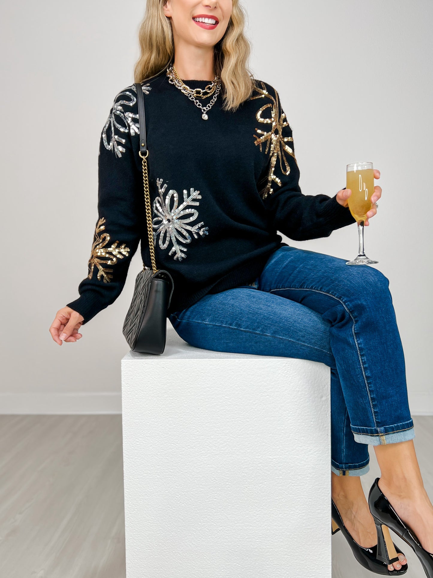 Solid Knit Sweater with Sequin Snowflakes