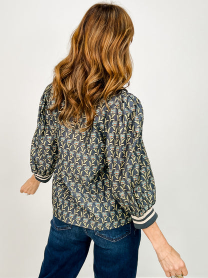 3/4 Sleeve Top with Zipper Neckline with Sporty Cuffs and Collar