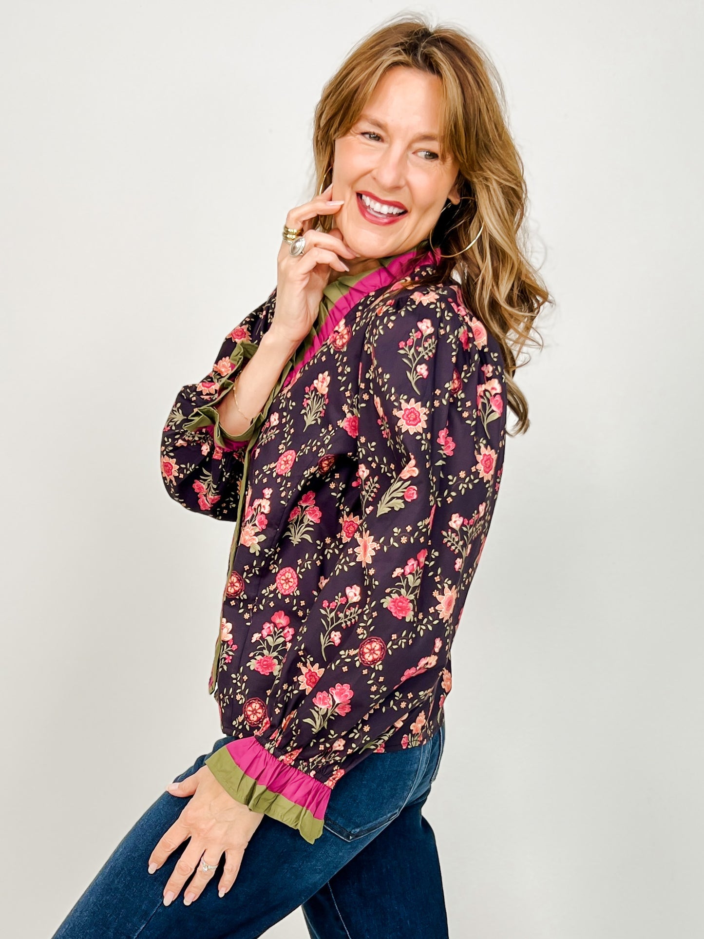 Floral Print V-Neck Long Sleeve Top with Multi-Color Ruffle Trim