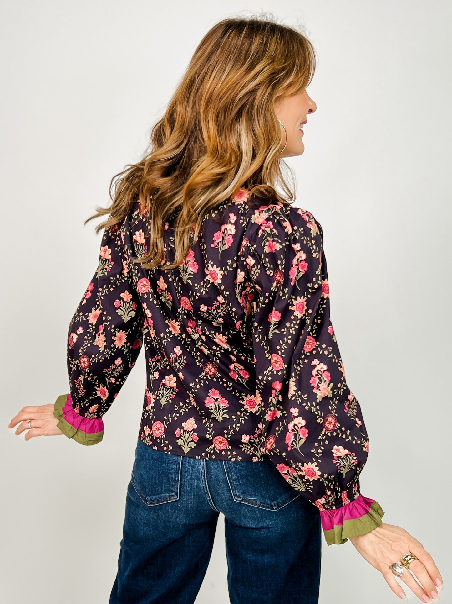 Floral Print V-Neck Long Sleeve Top with Multi-Color Ruffle Trim