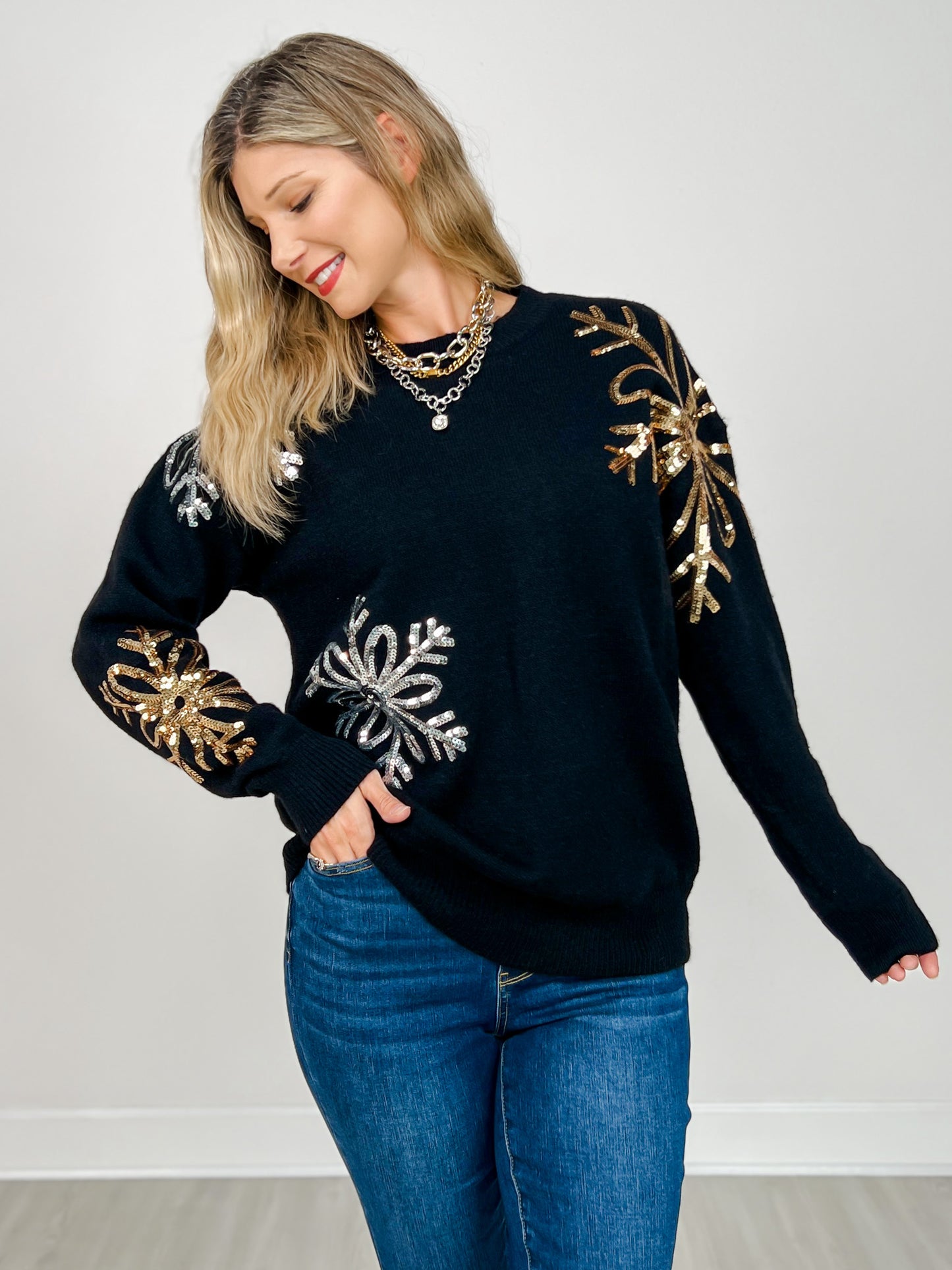 Solid Knit Sweater with Sequin Snowflakes