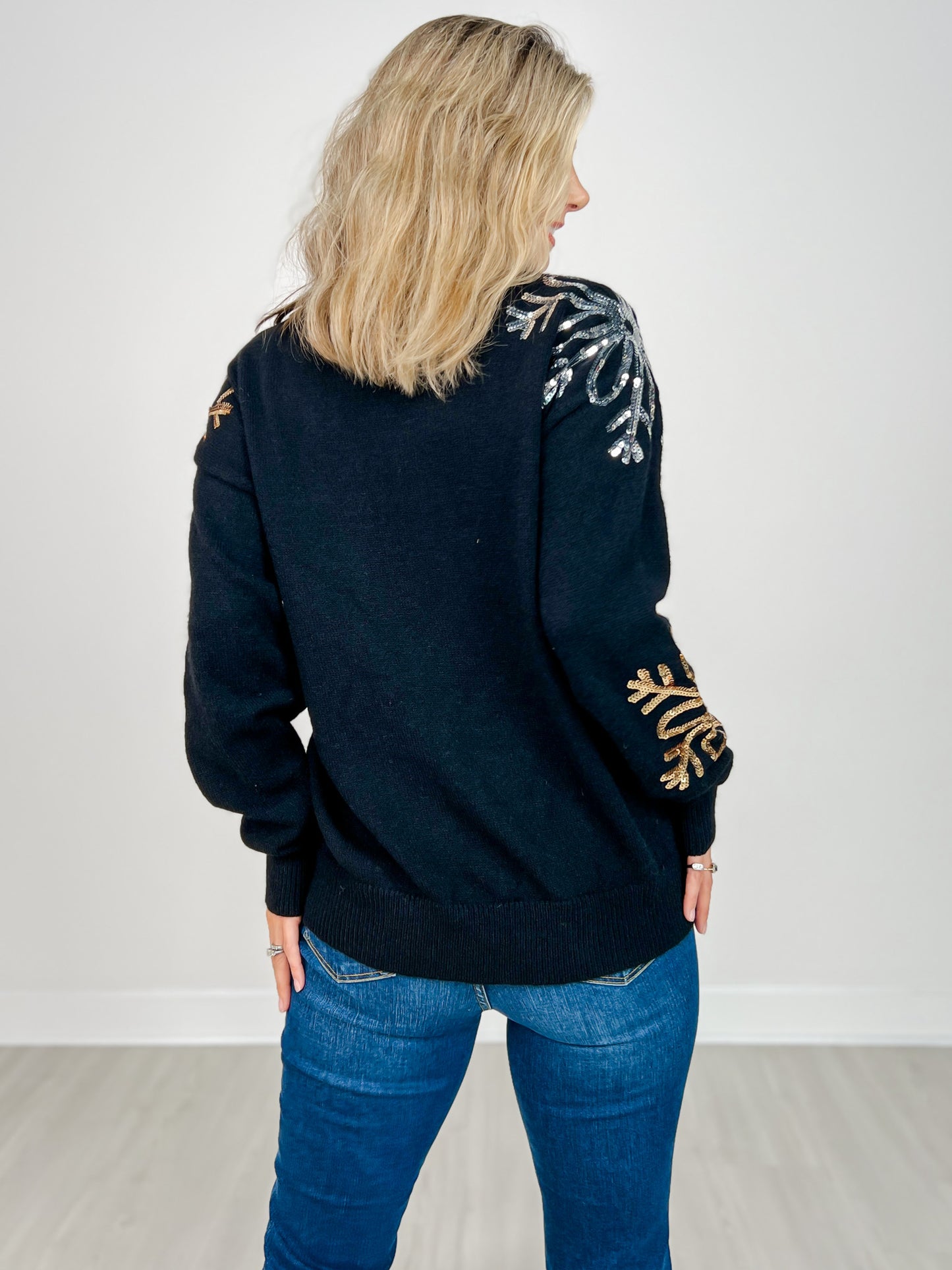 Solid Knit Sweater with Sequin Snowflakes
