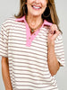 Oversized Striped Knit Top with Button Trim Collar