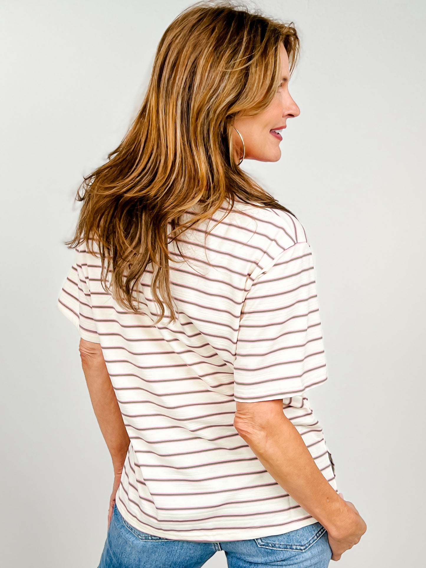 Oversized Striped Knit Top with Button Trim Collar