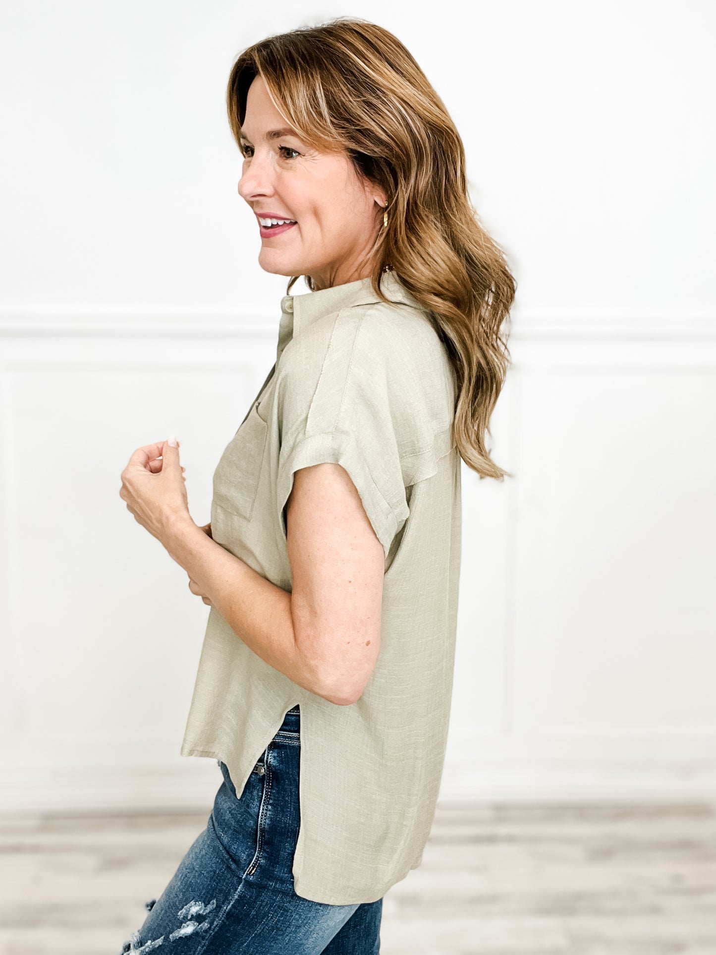 Raw Edge Button Down Dolman Sleeve Top