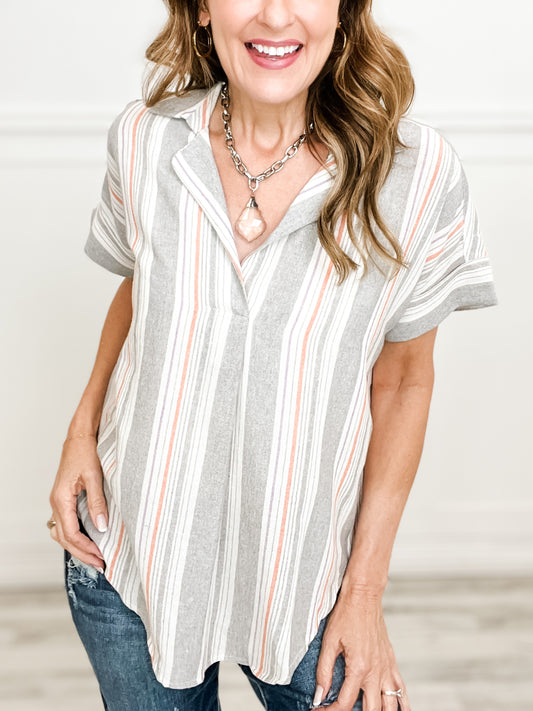 Short Sleeve Striped Collared Top with Back Button