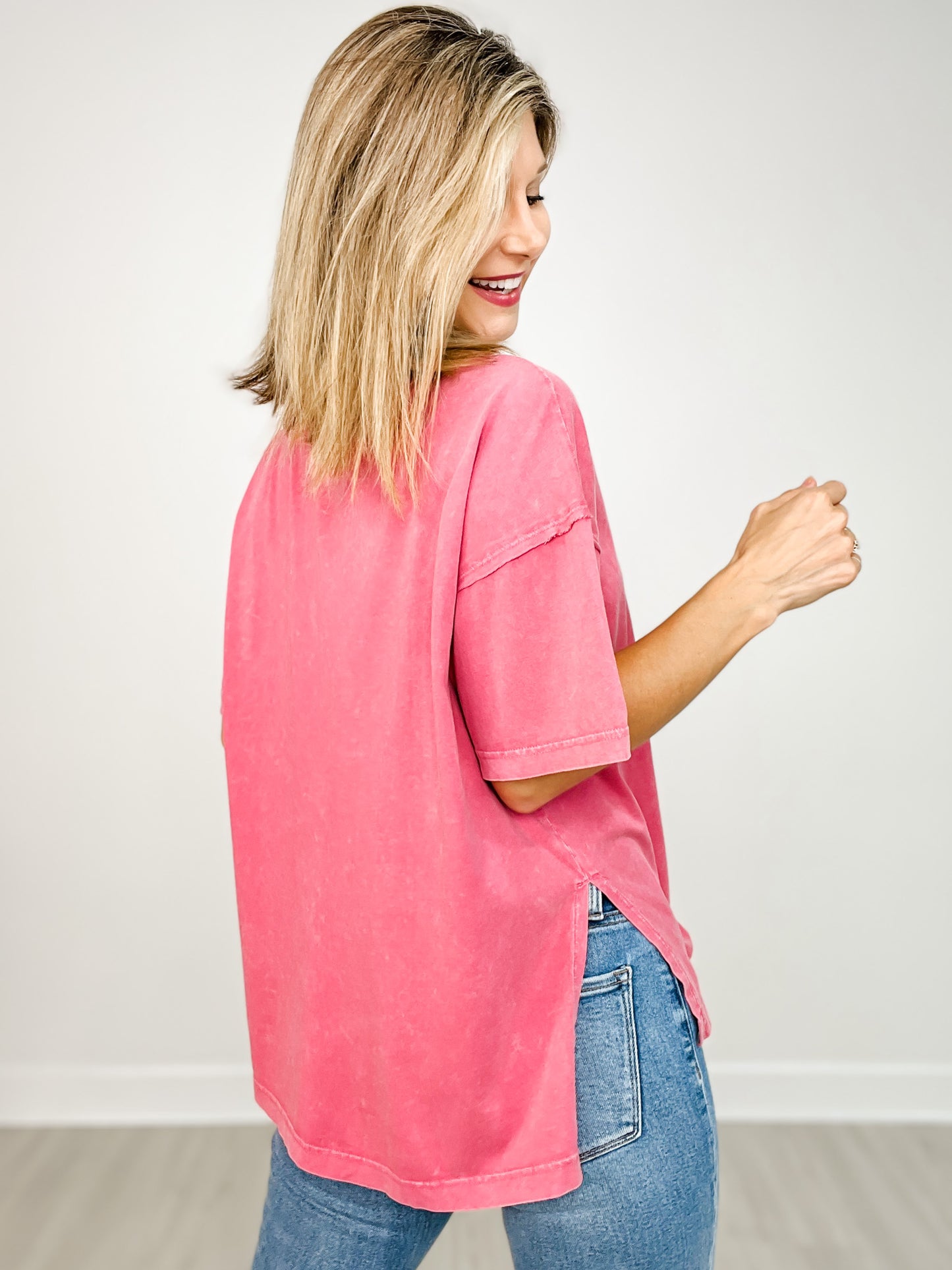 Oversized Mineral Washed Short Sleeve Top with Side Slits