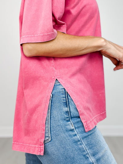 Oversized Mineral Washed Short Sleeve Top with Side Slits