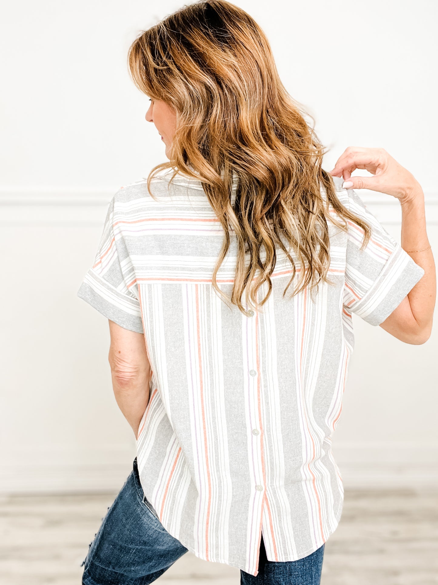 Short Sleeve Striped Collared Top with Back Button