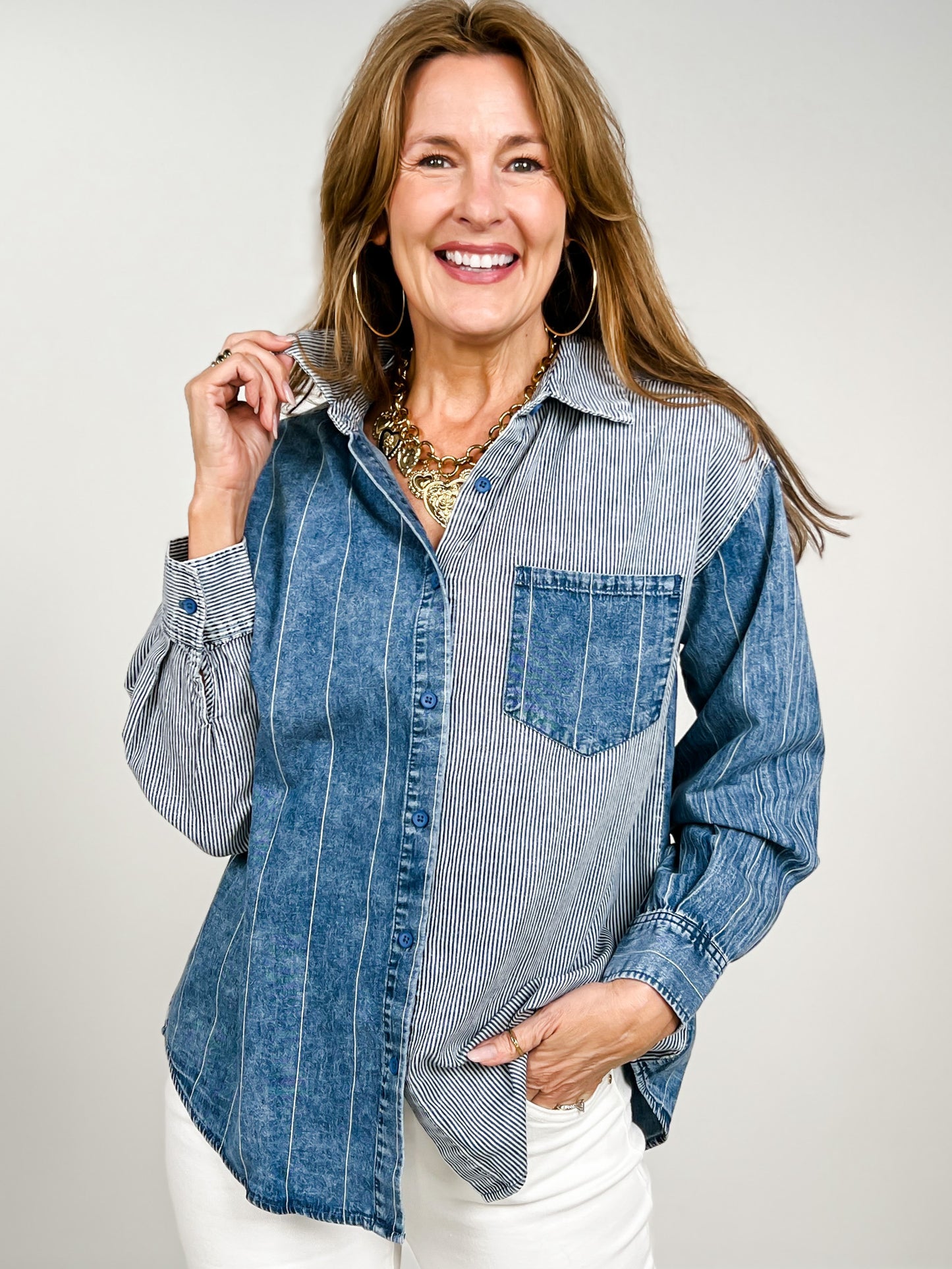 Mineral Washed Color Block Striped Denim Top