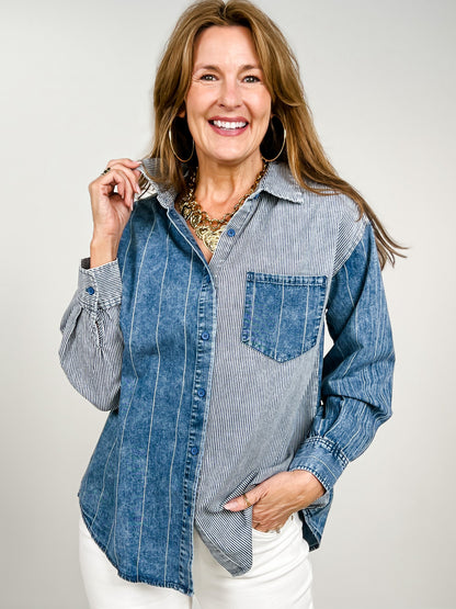 Mineral Washed Color Block Striped Denim Top