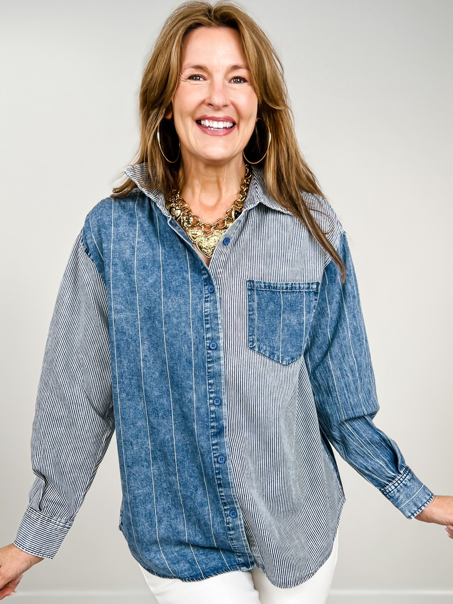 Mineral Washed Color Block Striped Denim Top
