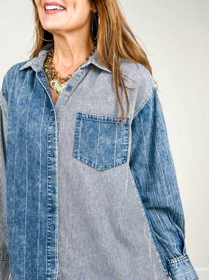 Mineral Washed Color Block Striped Denim Top