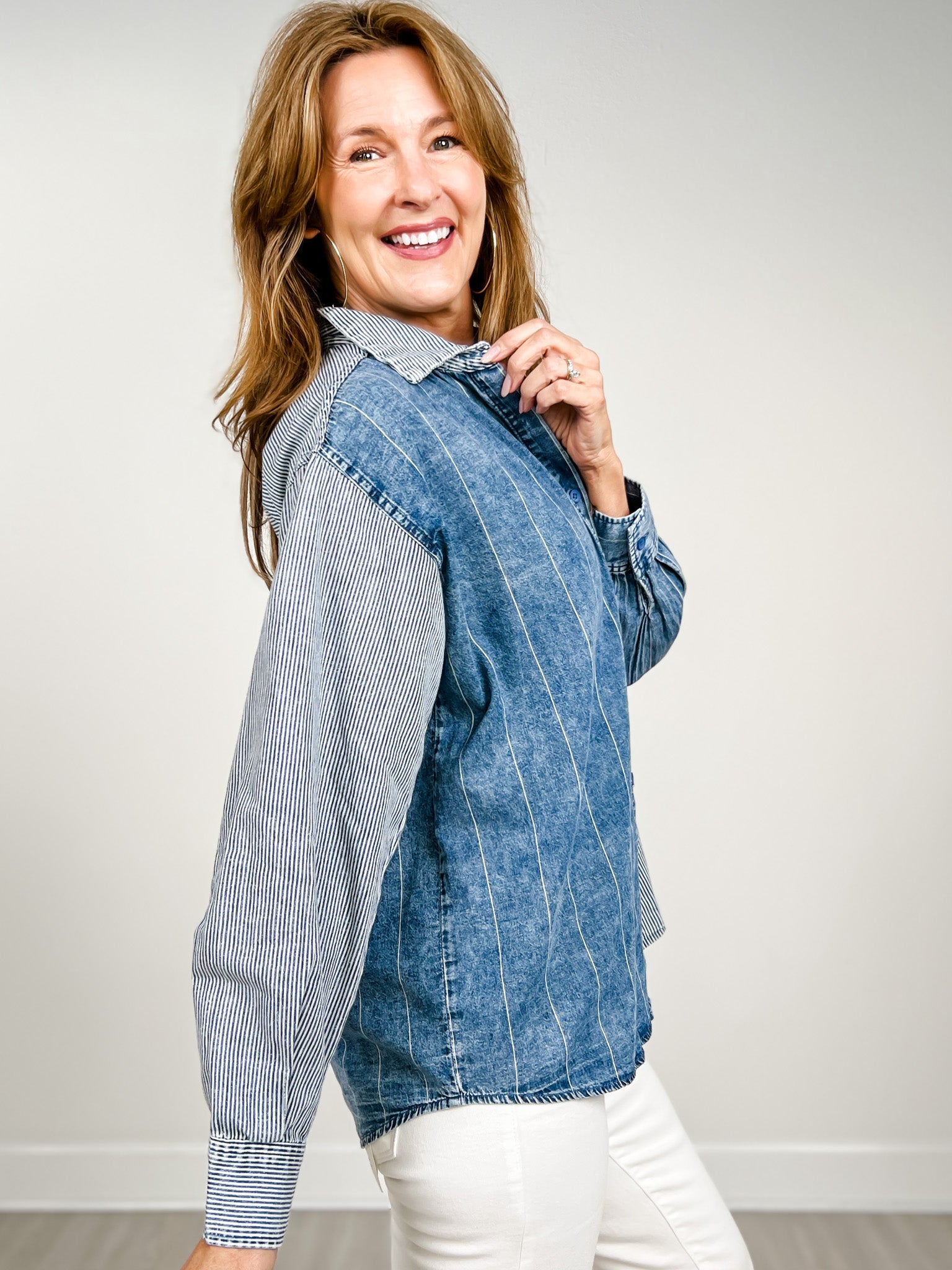 Mineral Washed Color Block Striped Denim Top