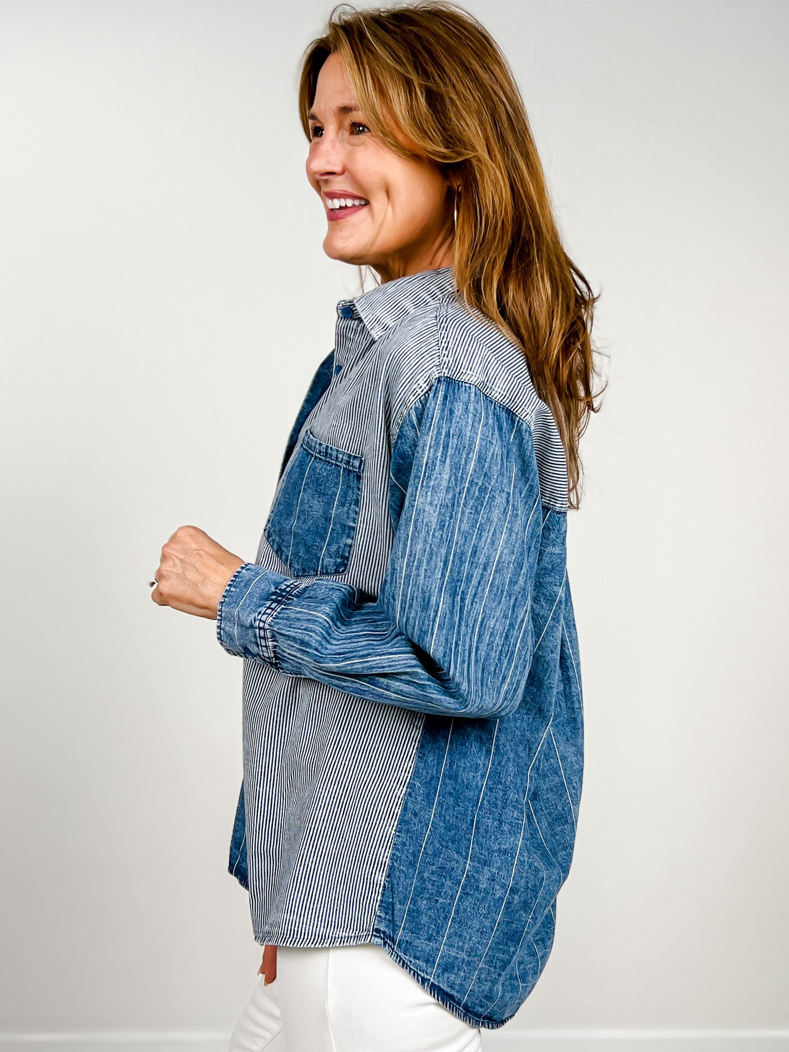 Mineral Washed Color Block Striped Denim Top