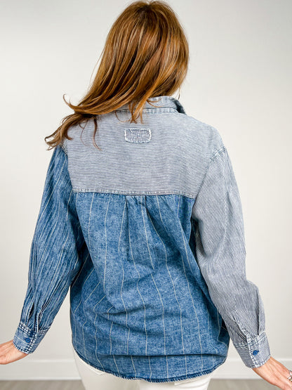 Mineral Washed Color Block Striped Denim Top