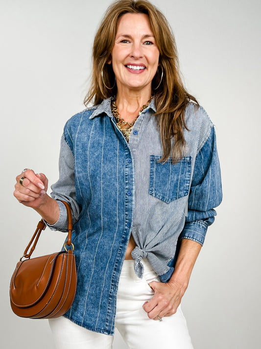 Mineral Washed Color Block Striped Denim Top