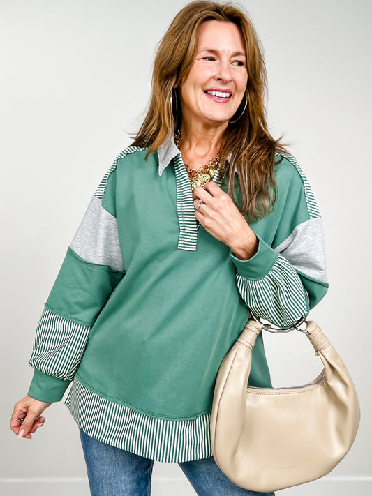 Color Block Stripe Contrast Knit Collared Top