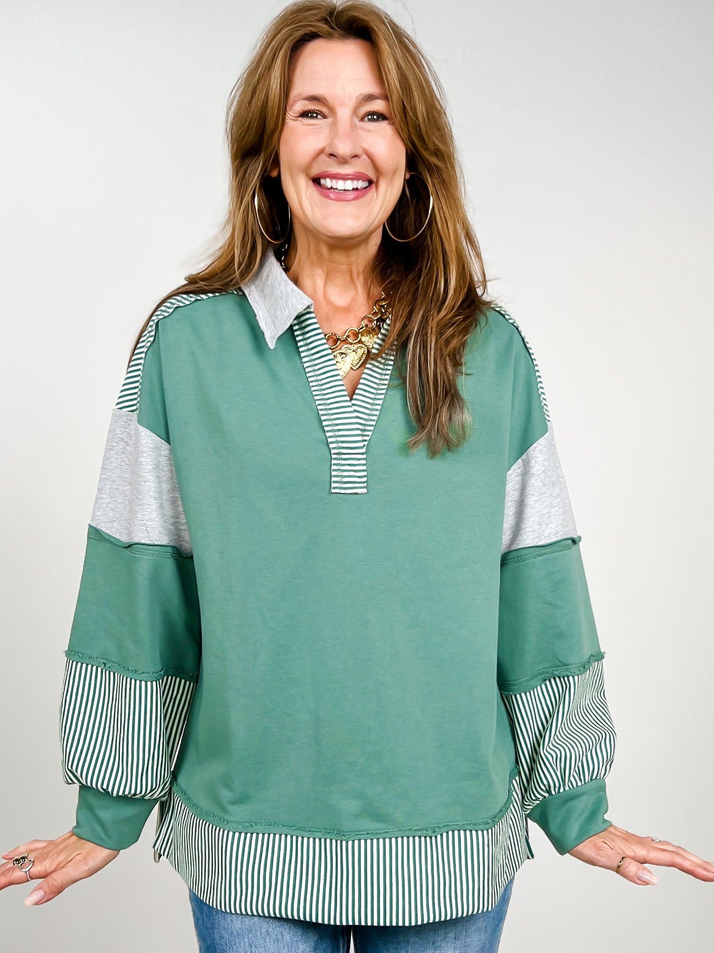 Color Block Stripe Contrast Knit Collared Top