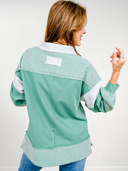 Color Block Stripe Contrast Knit Collared Top