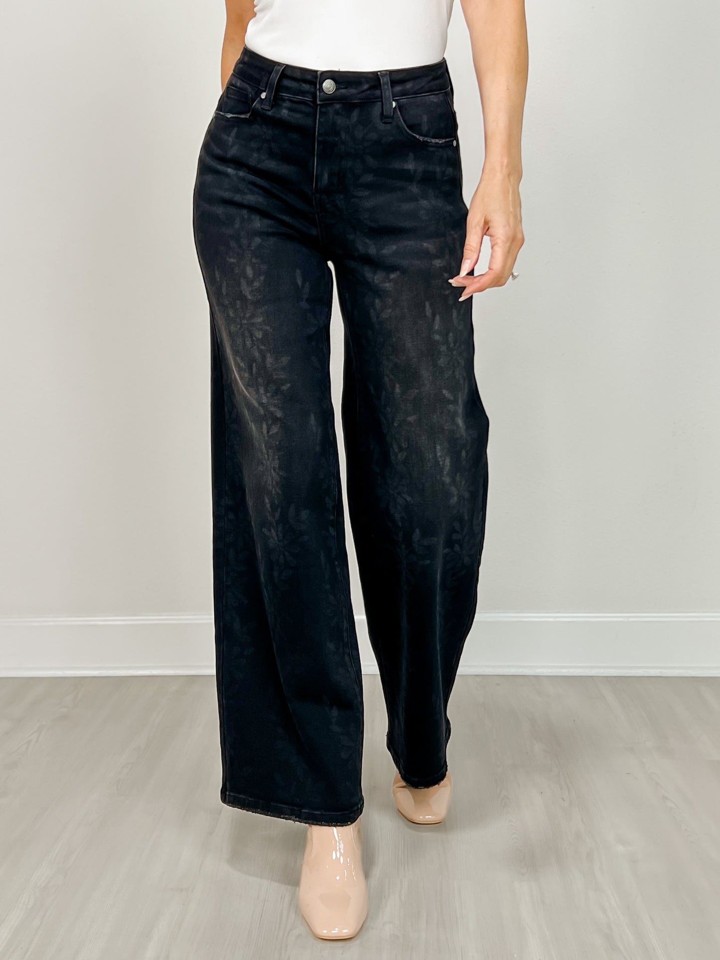 Daisy Digital Laser Print Stretch Wide Leg Jeans