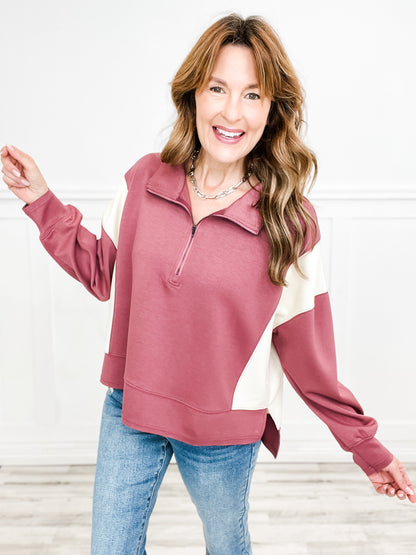 Long Banded Sleeve Solid Knit Top with Zipper Front