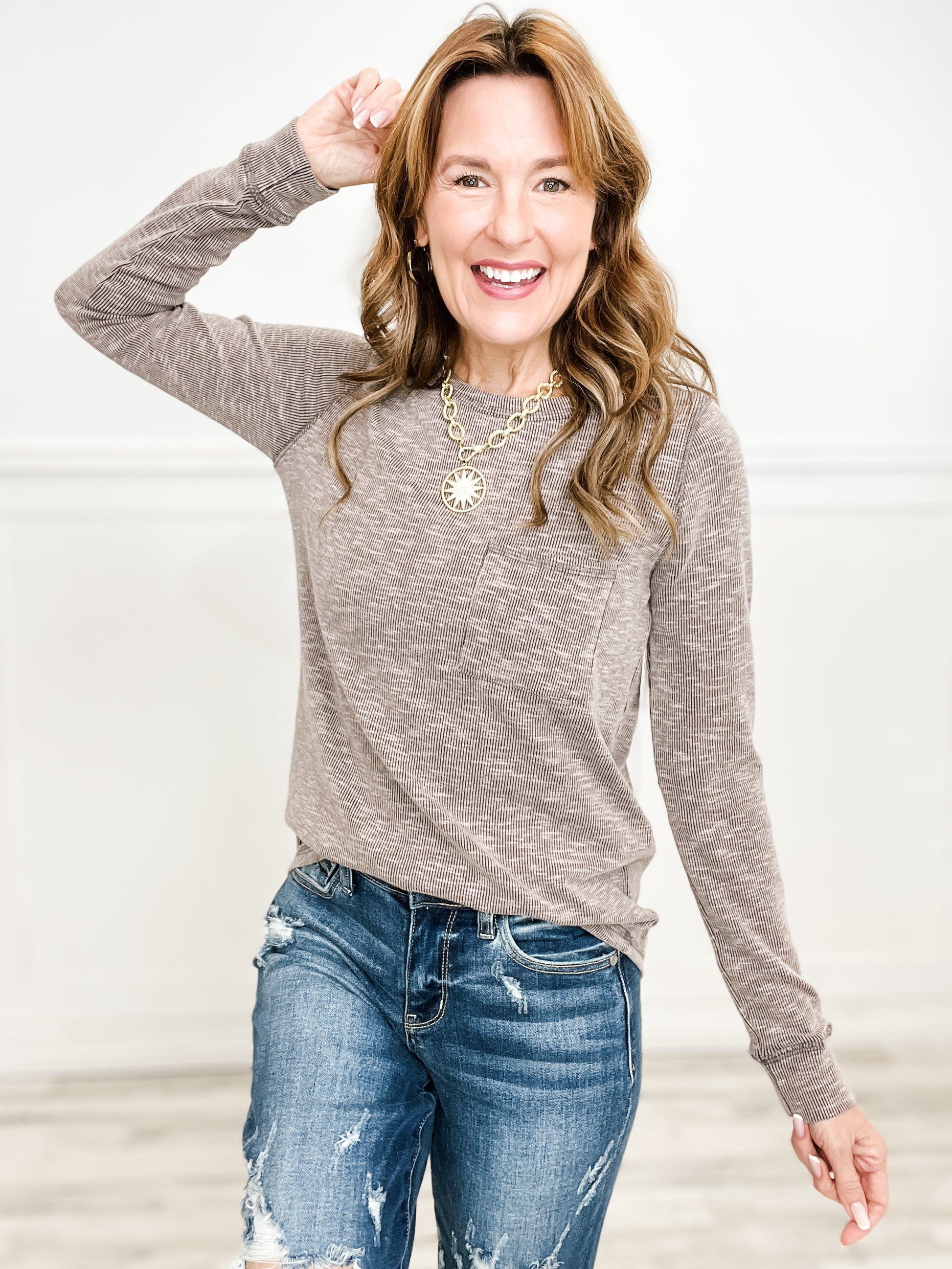 Long Sleeve Exposed Stitch Top with Front Pocket