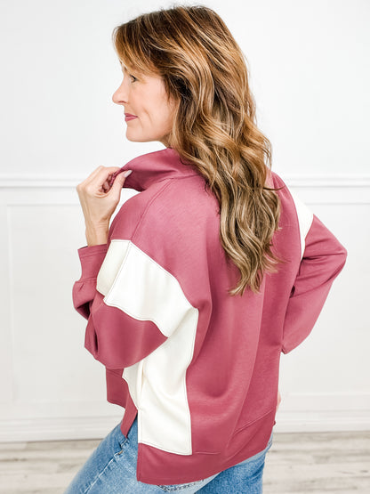 Long Banded Sleeve Solid Knit Top with Zipper Front
