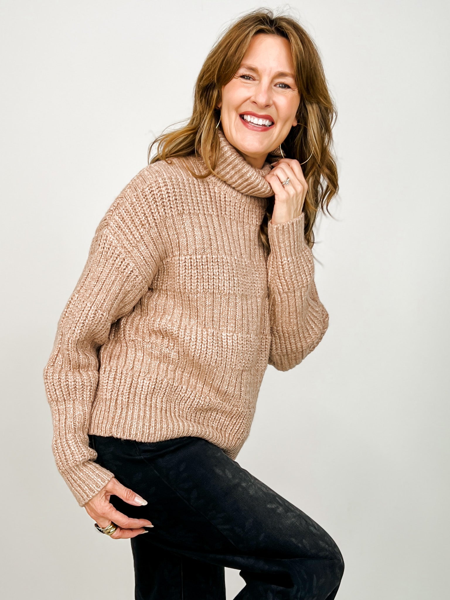 Cowl Neck Long Sleeve Solid Knit Sweater